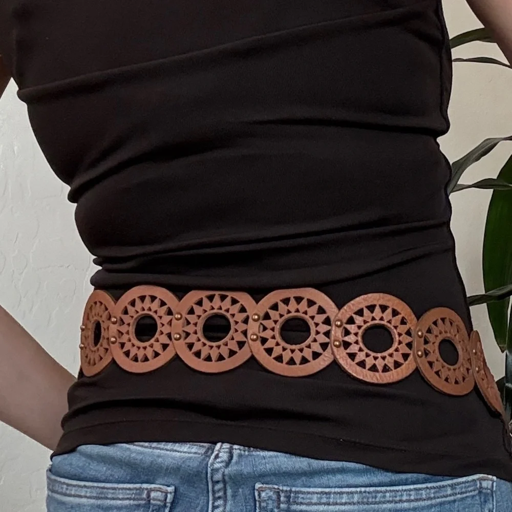 Boho Western Wide Hip Belt Faux Leather Cutout Studded Belt Cognac Cowgirl